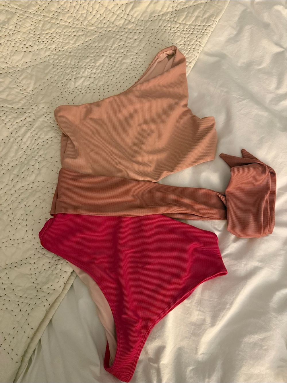 Beach Riot One-Shoulder Colorblock One-Piece in Peach and Fuchsia